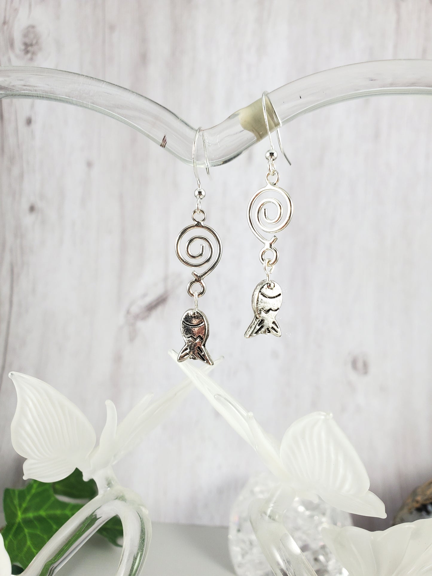 Whimsical Silver Fish and Hook Dangle Earrings