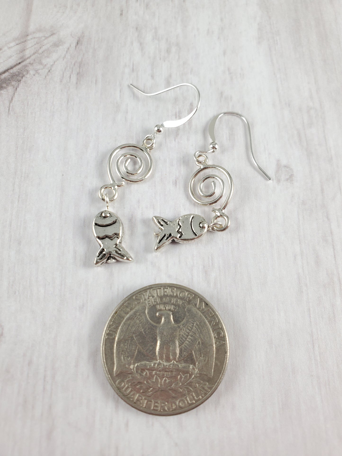 Whimsical Silver Fish and Hook Dangle Earrings