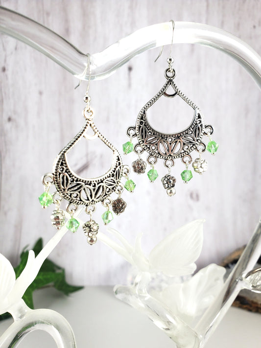 Pale Green with Silver Leaves and Flowers Chandelier Earrings