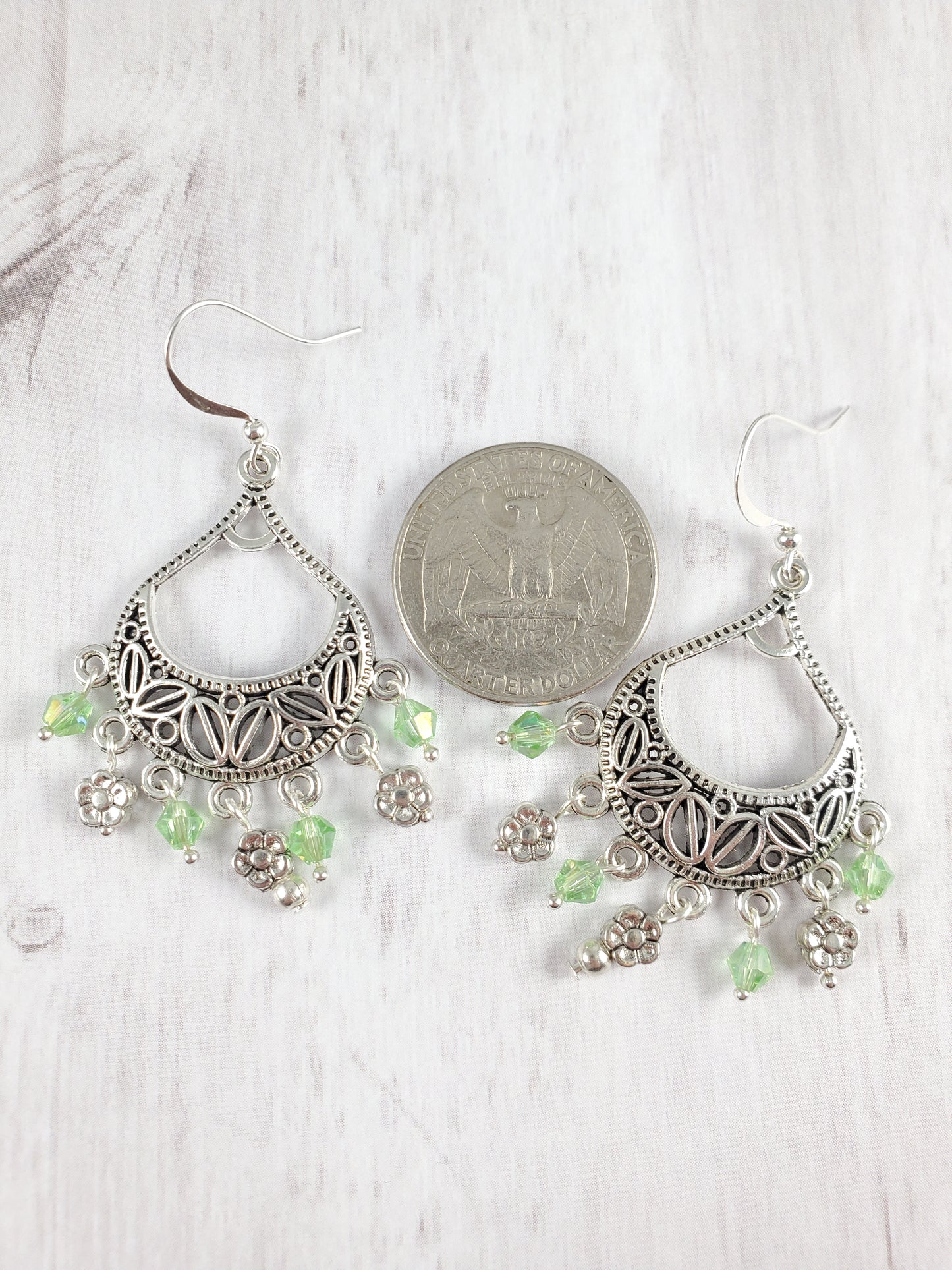 Pale Green with Silver Leaves and Flowers Chandelier Earrings