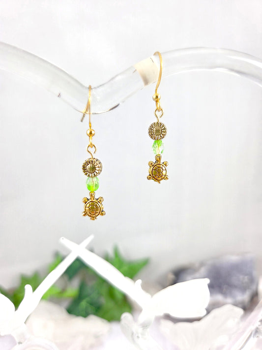 Adorable Gold Turtle and Sunflower Earrings