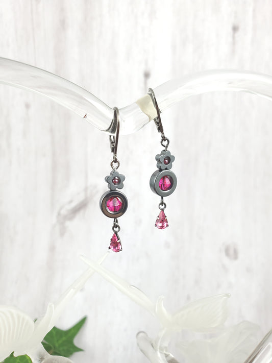Hematite Flower Dangle Earrings with Pink Accents