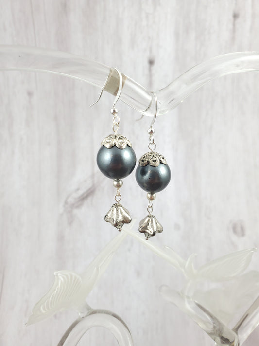 Dark Grey Pearl with Flower and Silver Dangle Earrings