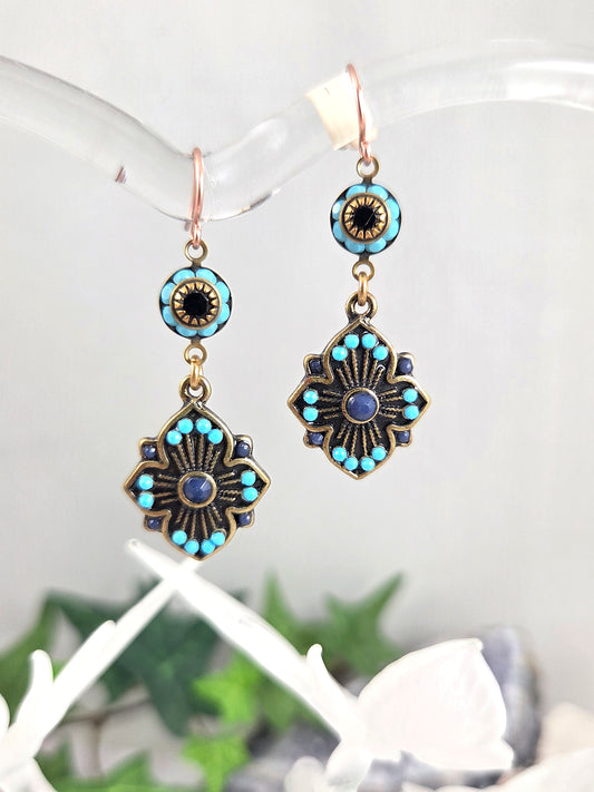 Turquoise and Brass Floral Tribal Dangle Earrings