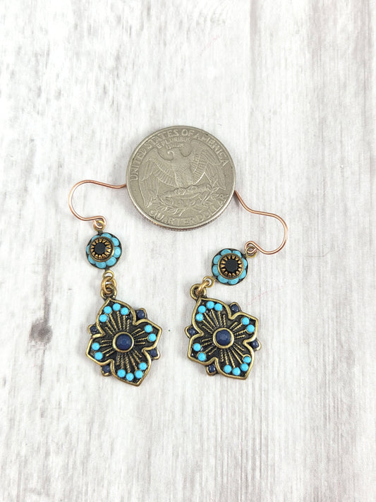 Turquoise and Brass Floral Tribal Dangle Earrings