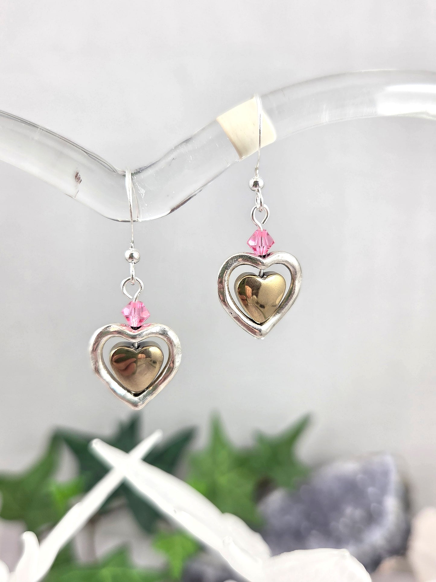 Hematite Heart in Silver Heart Frame Earrings with Pink Crystal Accent
