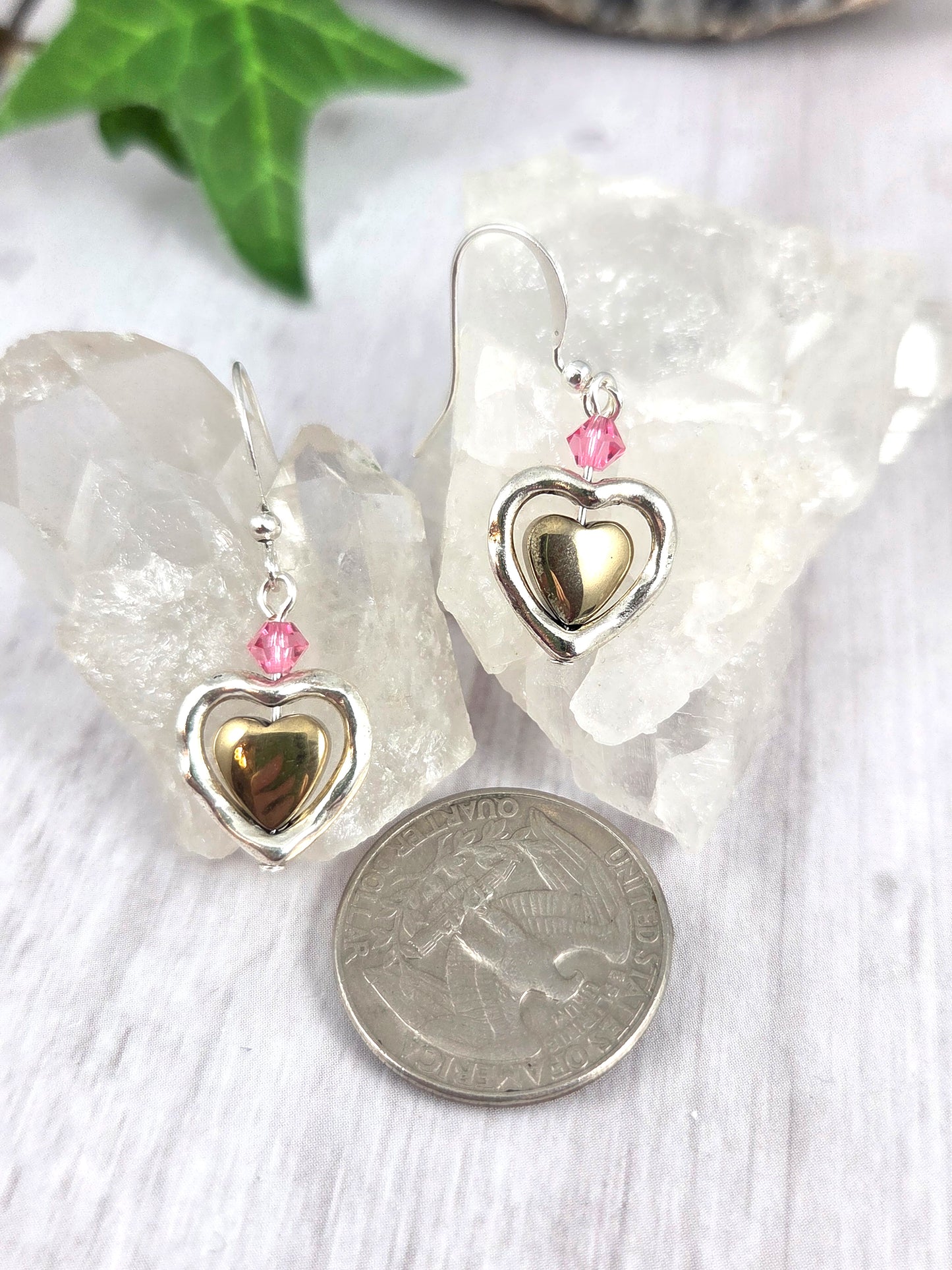 Hematite Heart in Silver Heart Frame Earrings with Pink Crystal Accent