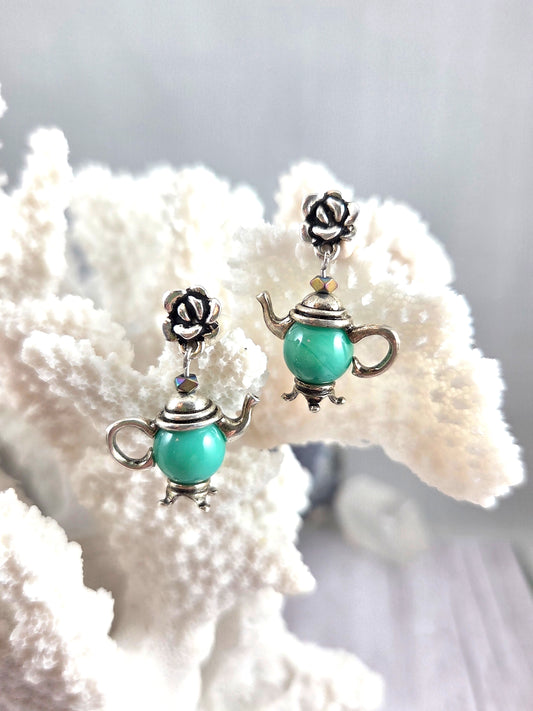 Whimsical Green Teapot Dangle Earrings