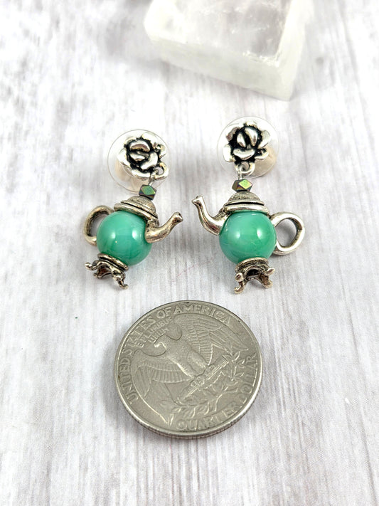 Whimsical Green Teapot Dangle Earrings