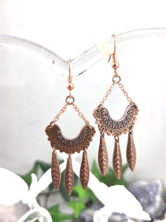 Copper Feather and Lace Folksy Chandelier Earrings