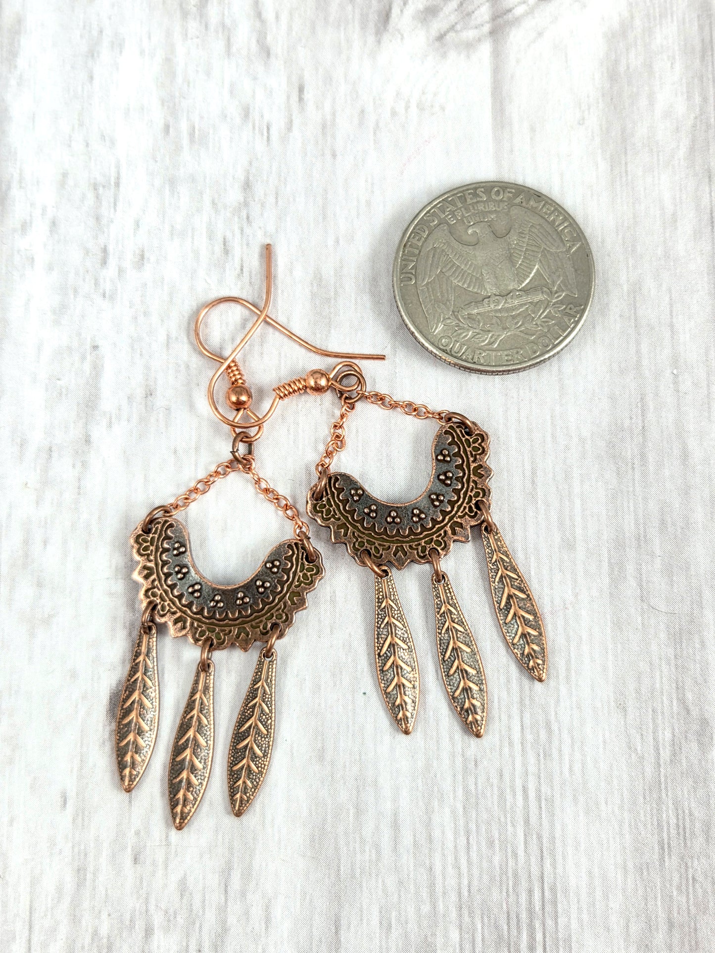 Copper Feather and Lace Folksy Chandelier Earrings