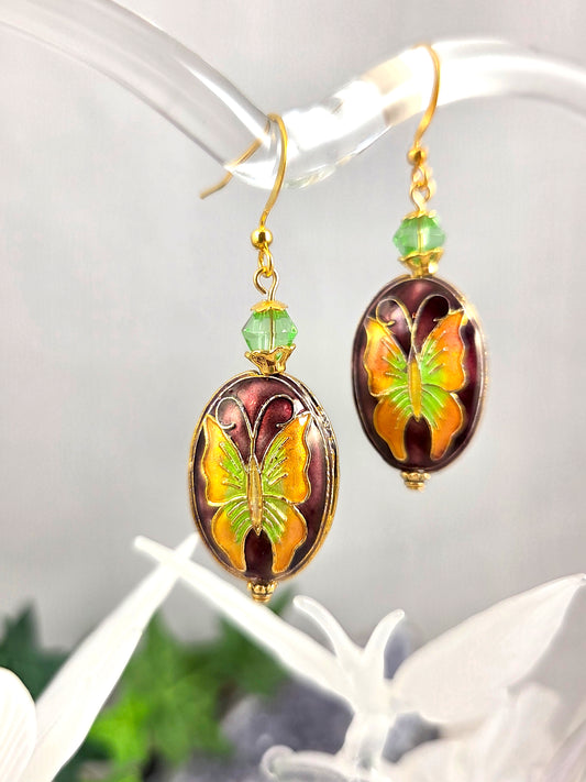 Bright Butterflies and Gold Cloisonne Earrings