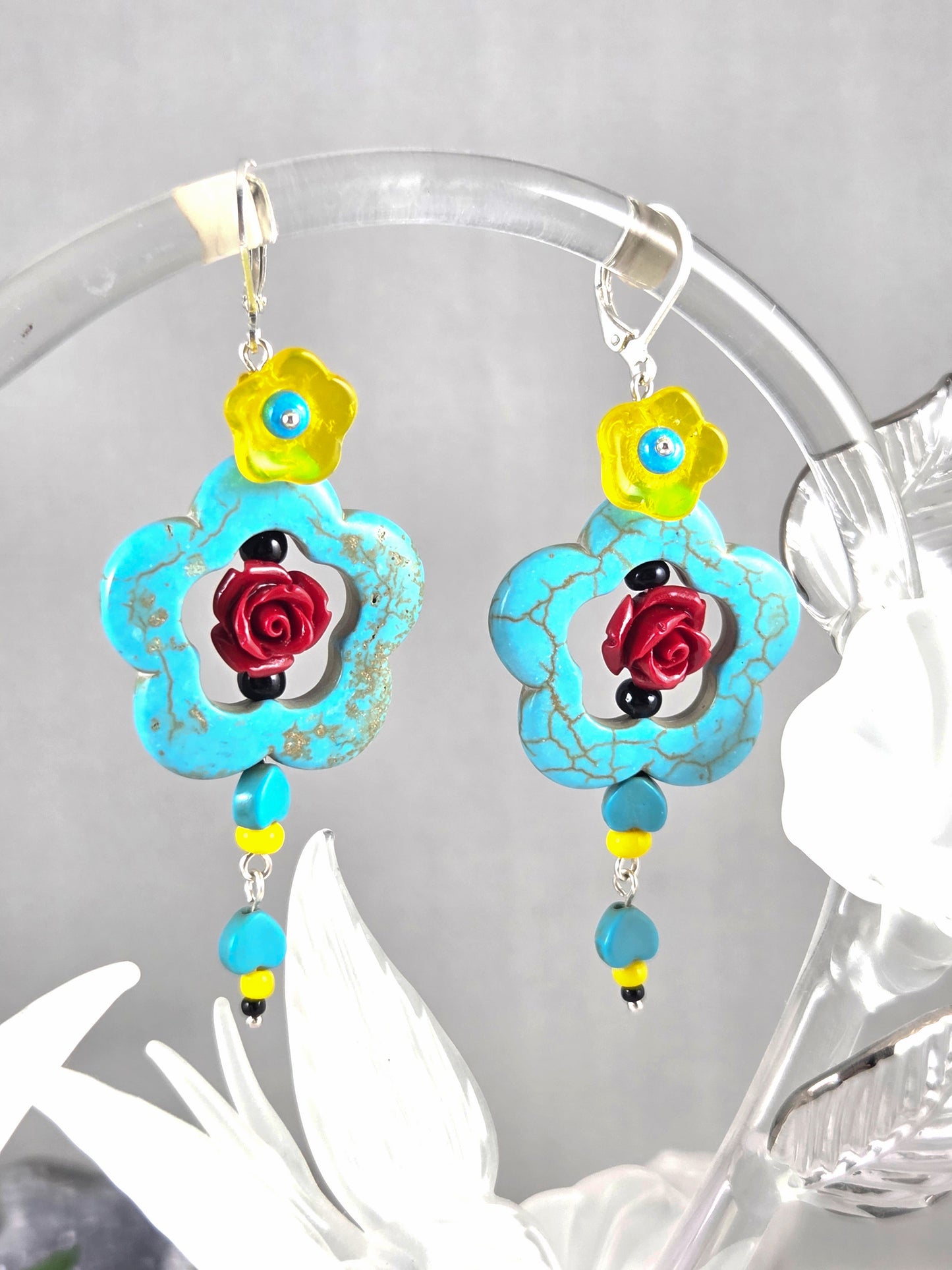 Dia de los Muertos Rose & Blue Howlite Flower Statement earrings