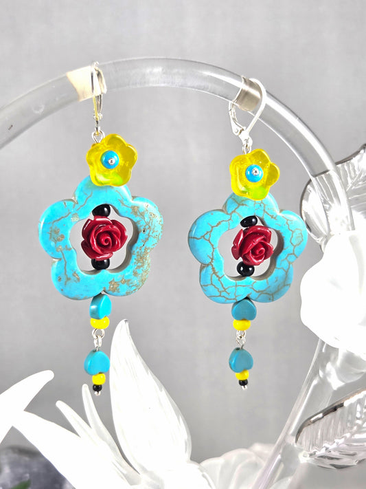 Dia de los Muertos Rose & Blue Howlite Flower Statement earrings