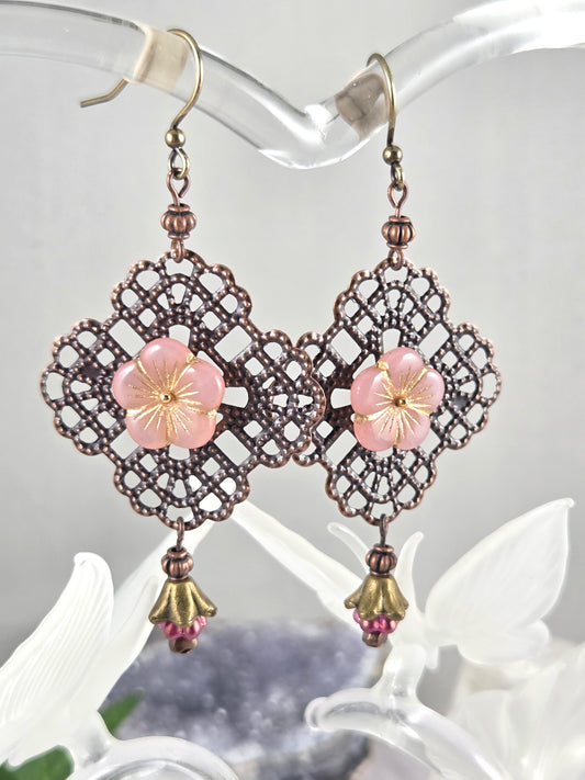 Antique Copper Filigree and Pink Czech Flower Statement Earrings