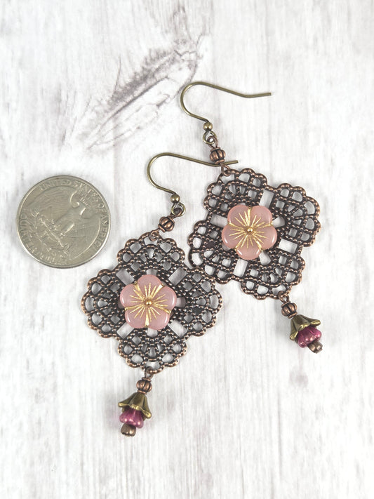 Antique Copper Filigree and Pink Czech Flower Statement Earrings