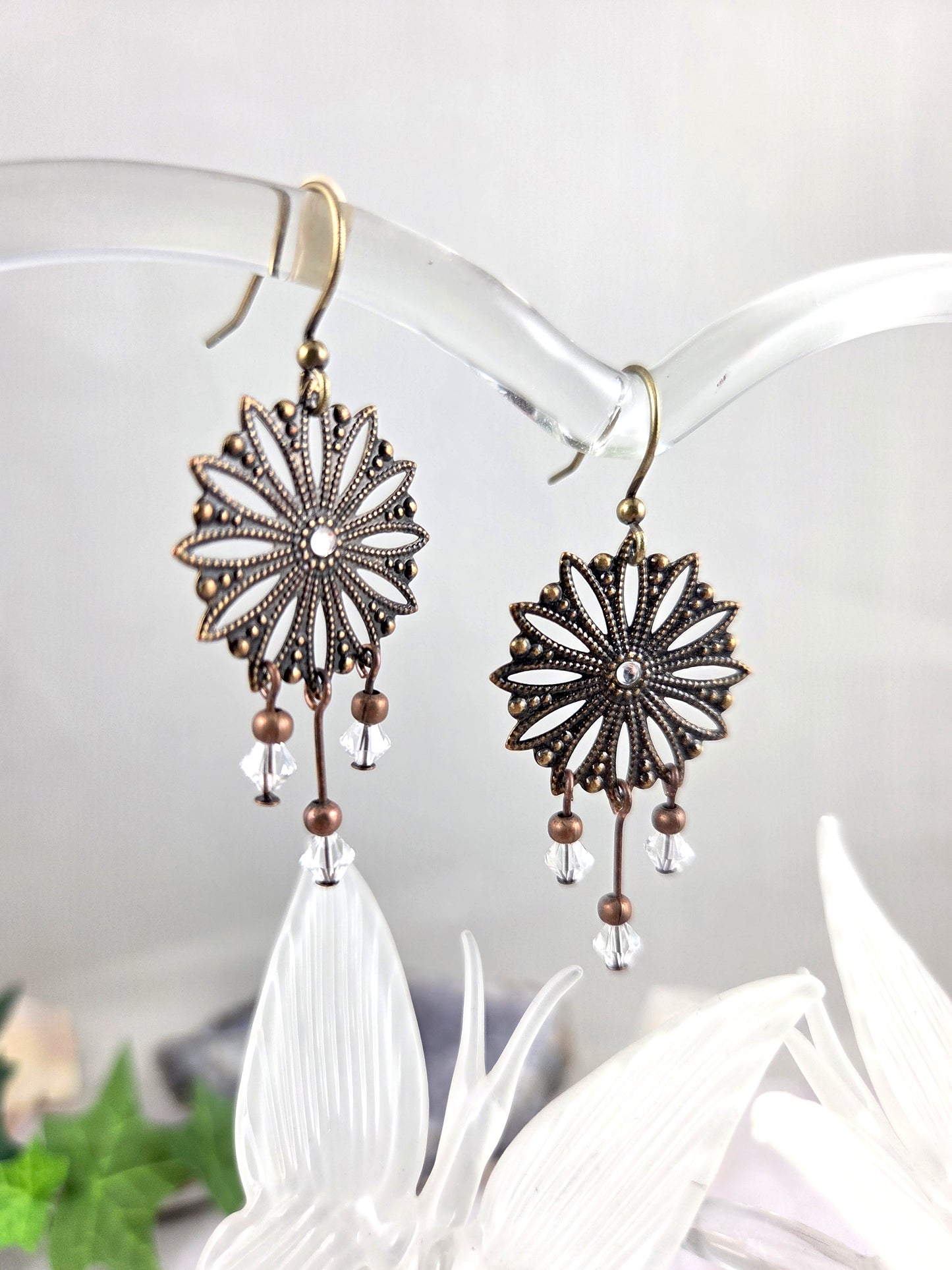 Filigree Flower Mandala Earrings with Crystal Accents