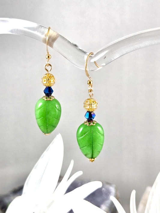Green Jade Leaf Earrings with Blue and Gold Accents