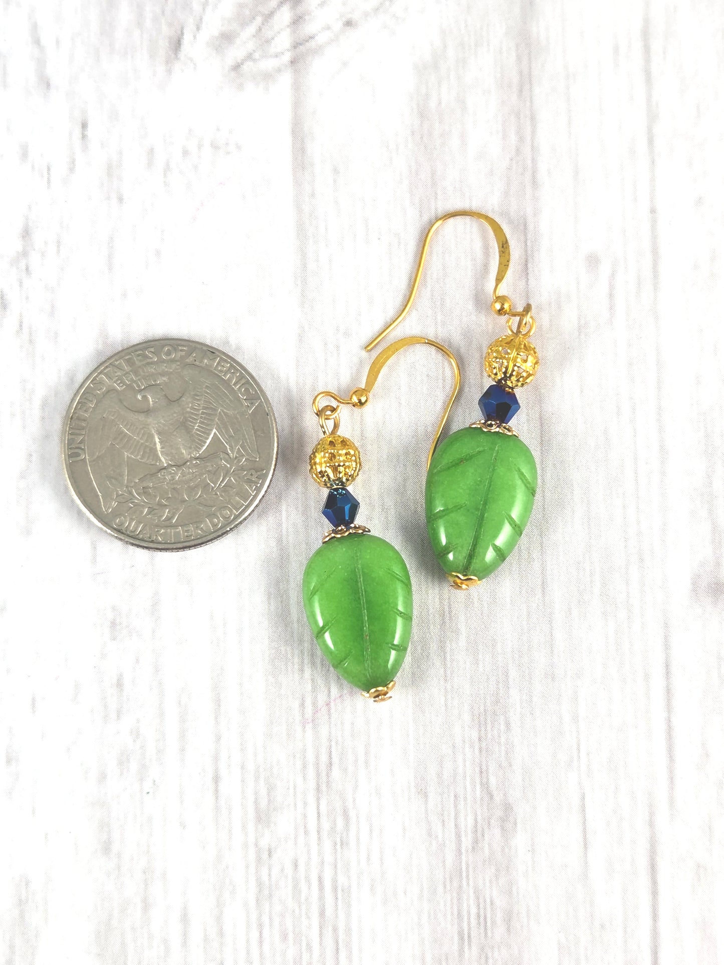 Green Jade Leaf Earrings with Blue and Gold Accents