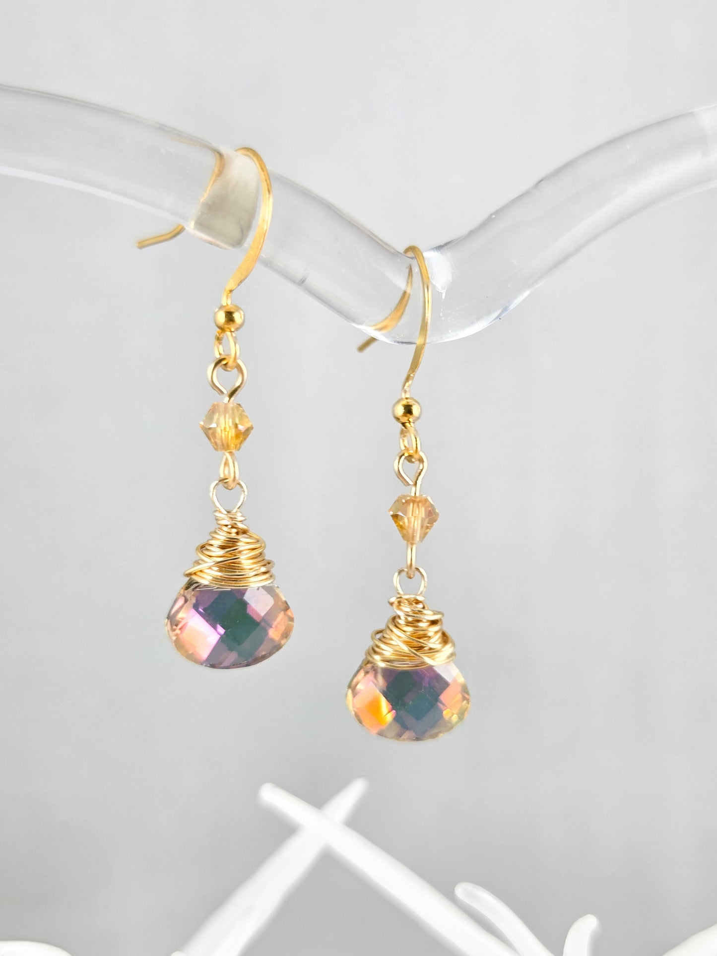 Gold Wire Wrapped Fancy Crystal Briolette Earrings