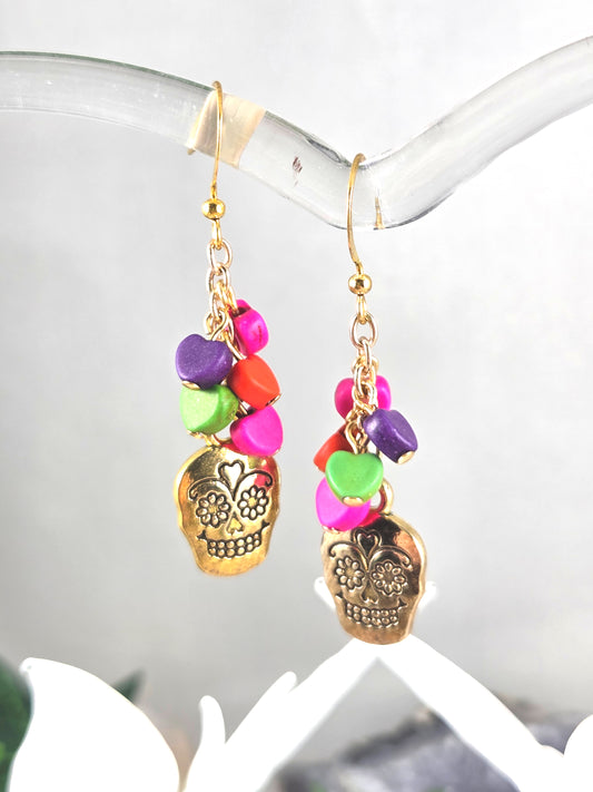 Gold Sugar Skull Earrings with Colorful Hearts