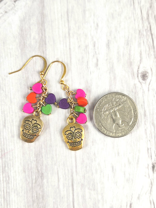 Gold Sugar Skull Earrings with Colorful Hearts