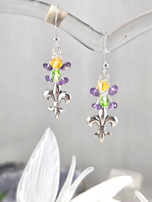 Fleur De Lis Mardi Gras Earrings with Purple, Green and Gold