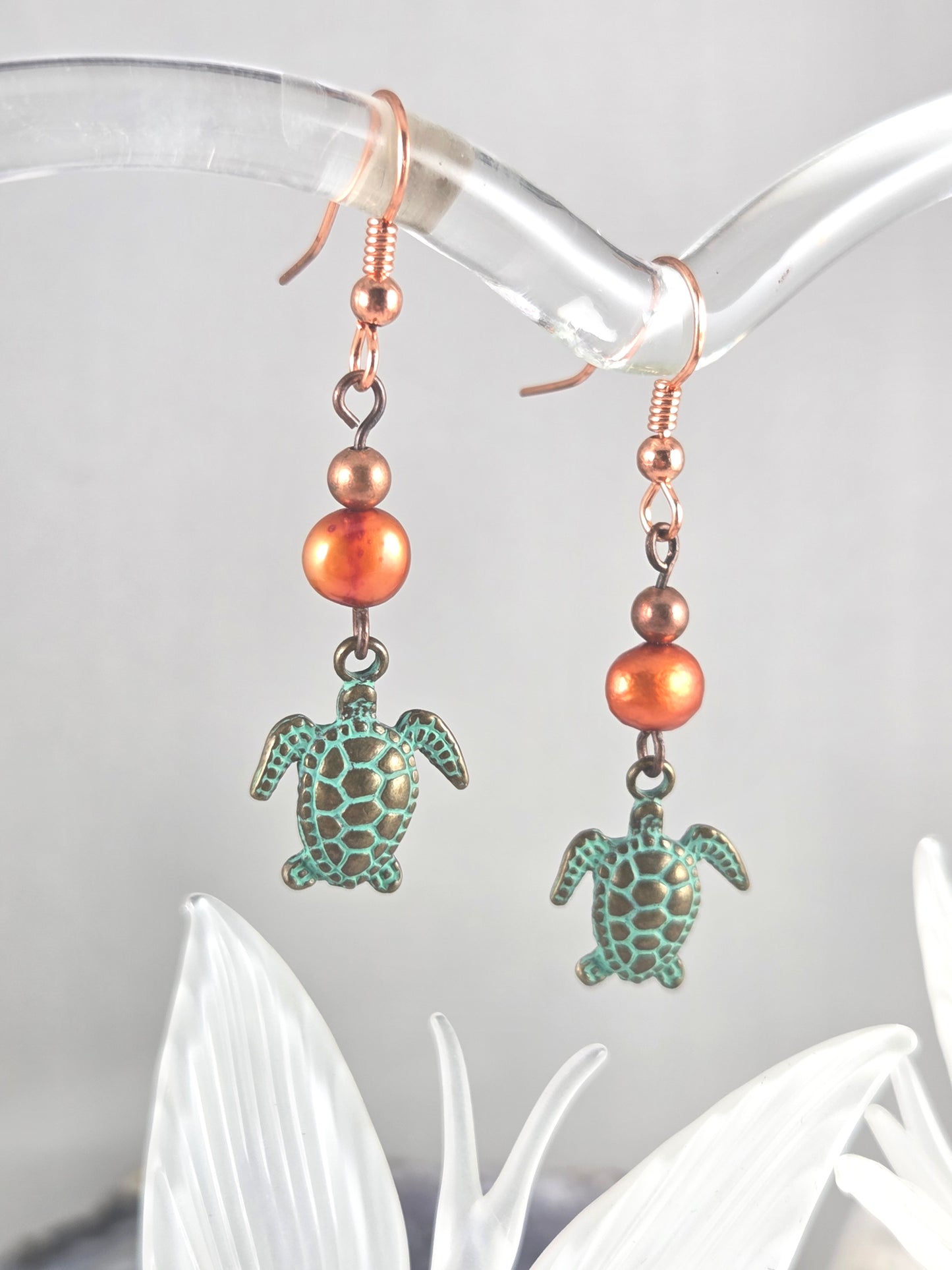 Copper and Green Sea Turtle Dangle Earrings with Freshwater Pearls