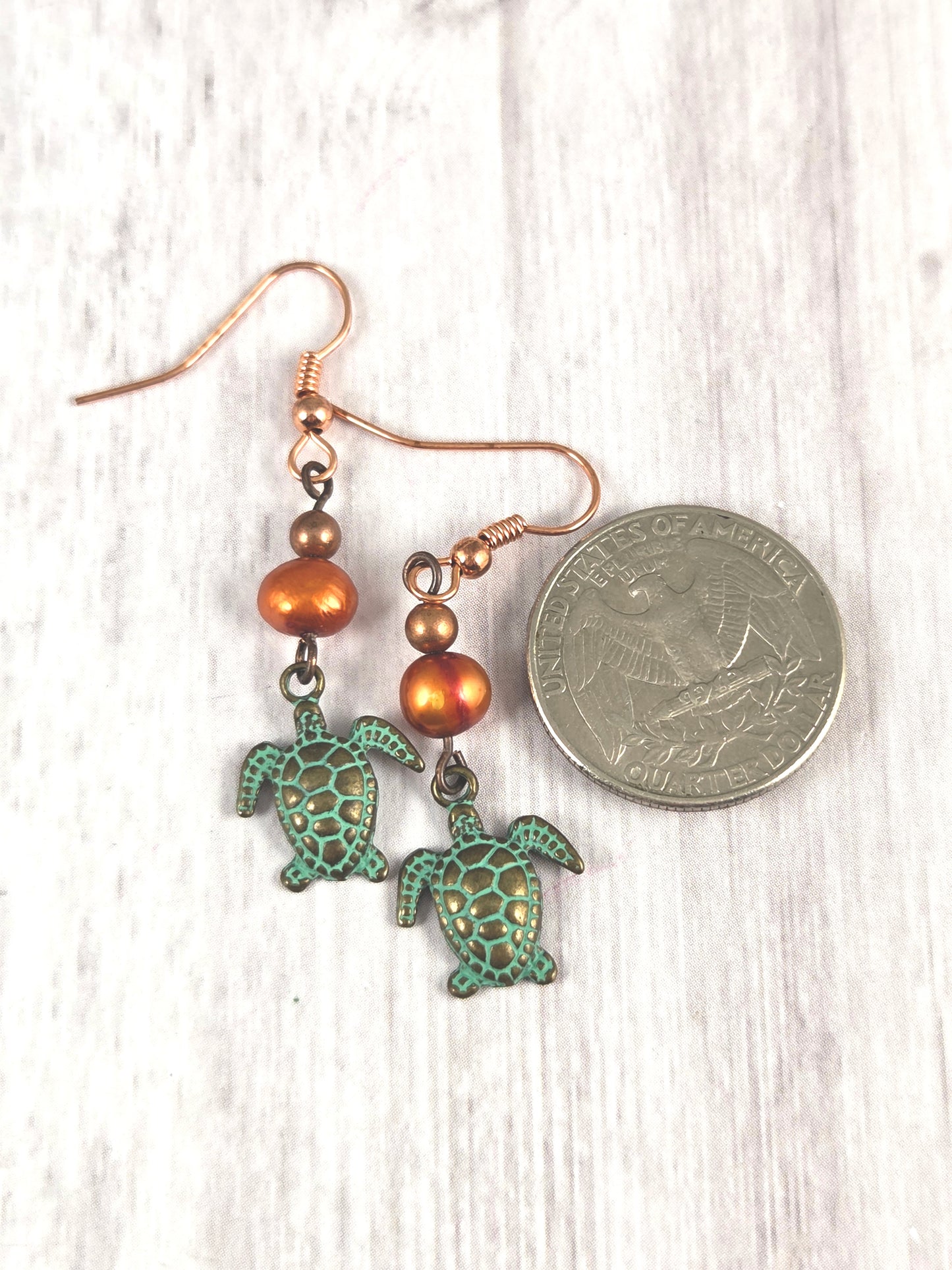 Copper and Green Sea Turtle Dangle Earrings with Freshwater Pearls
