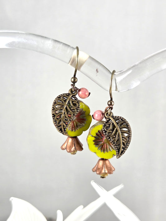 Spring Green Bench Cut Flower Earrings with Filigree Leaves