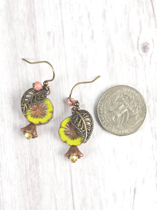 Spring Green Bench Cut Flower Earrings with Filigree Leaves