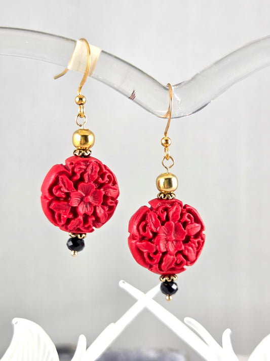 Round Red, Black & Gold 'Cinnabar' Floral Earrings