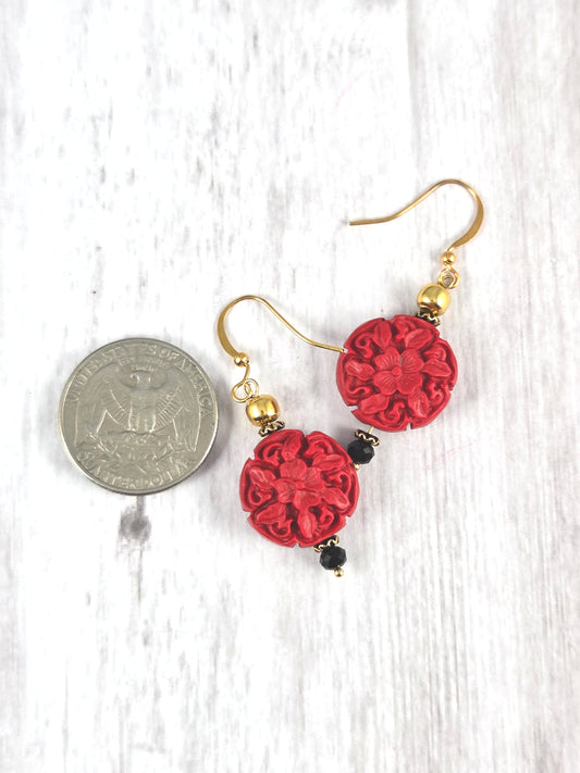 Round Red, Black & Gold 'Cinnabar' Floral Earrings