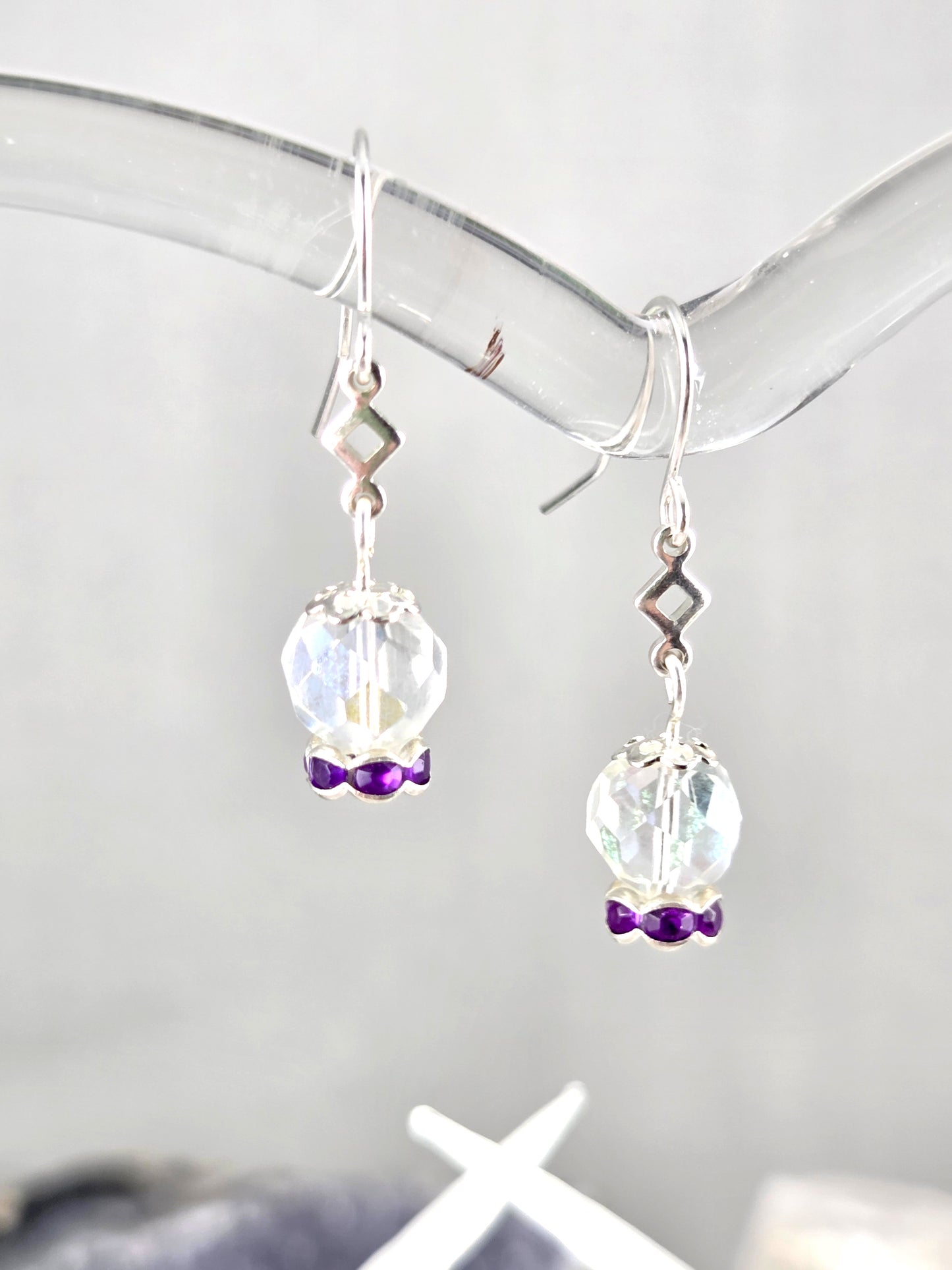 Purple and Clear Crystal Ball Earrings