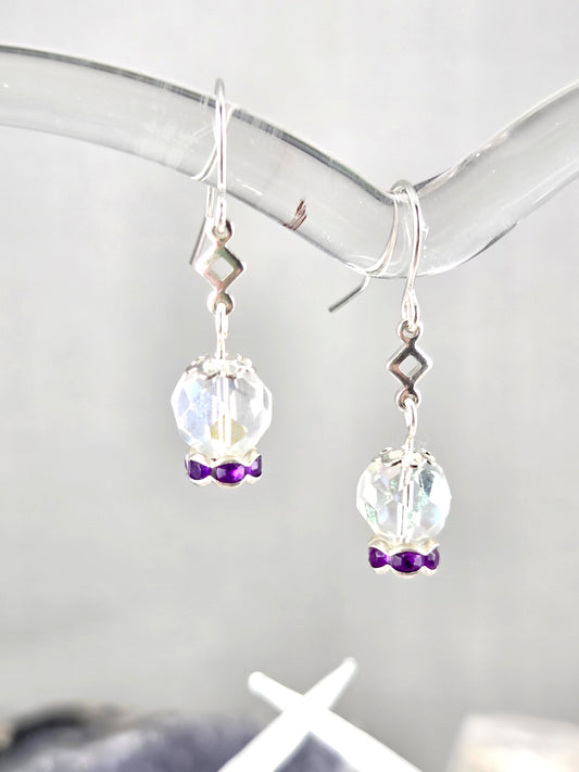 Purple and Clear Crystal Ball Earrings