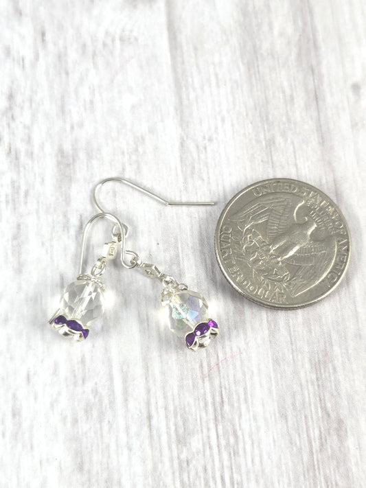 Purple and Clear Crystal Ball Earrings