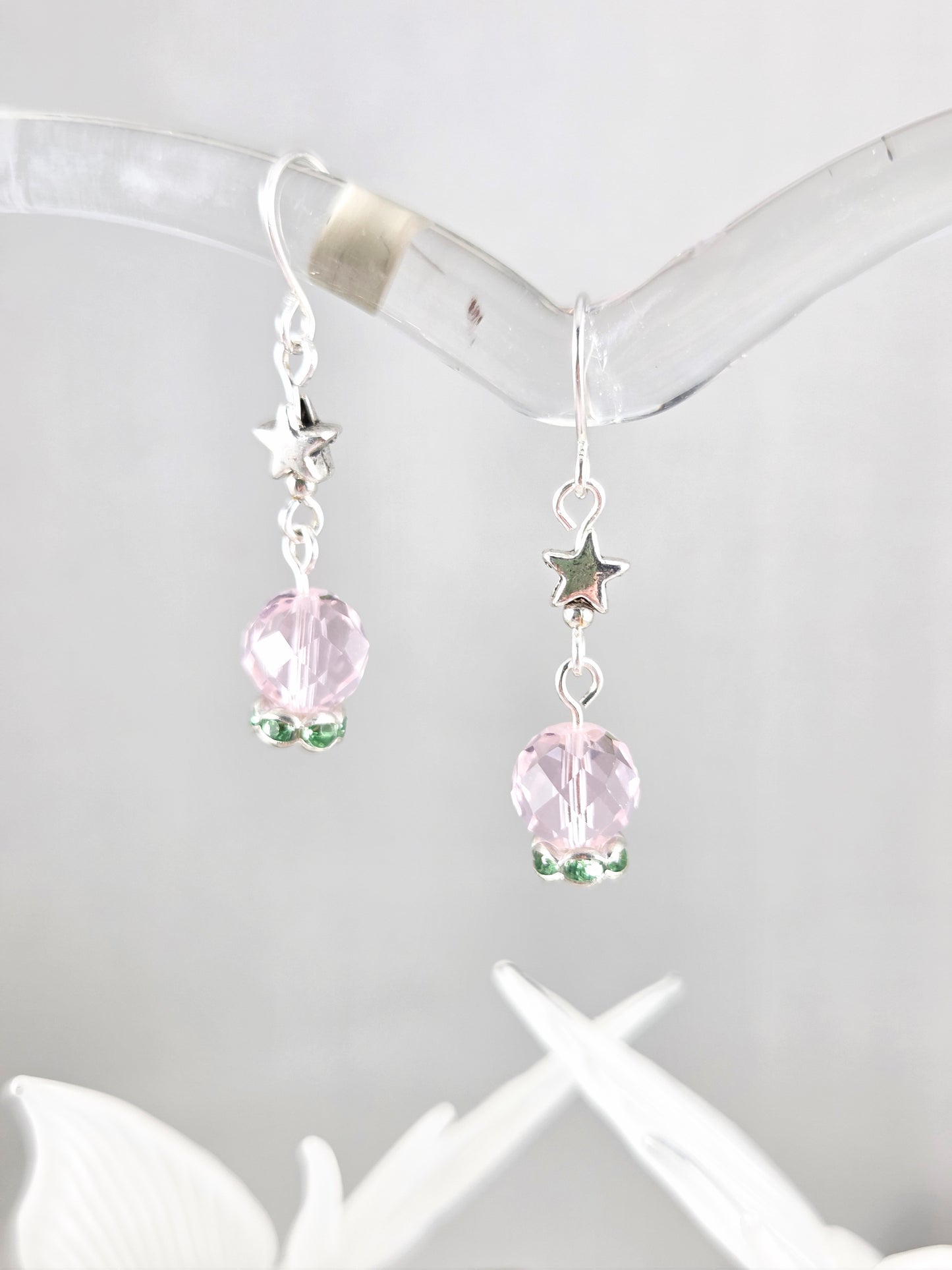 Pale Pink and Green Crystal Ball Earrings