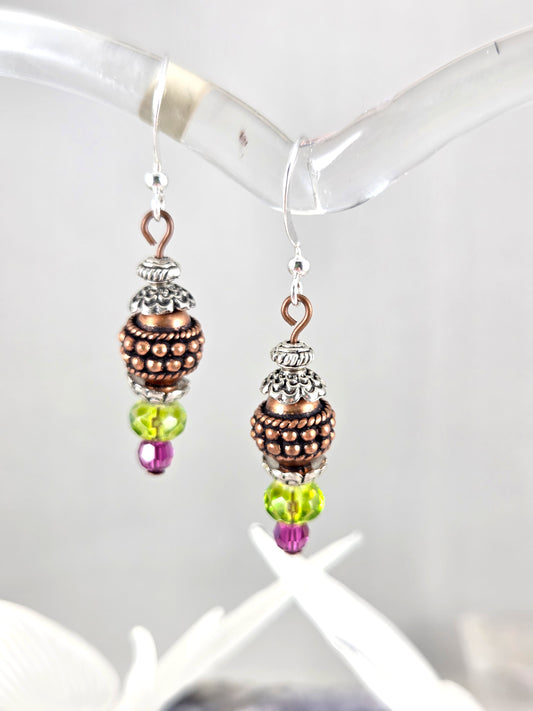 Tribal Mixed Metal Textured Copper Focal Earrings with Green and Purple Glass Earrings