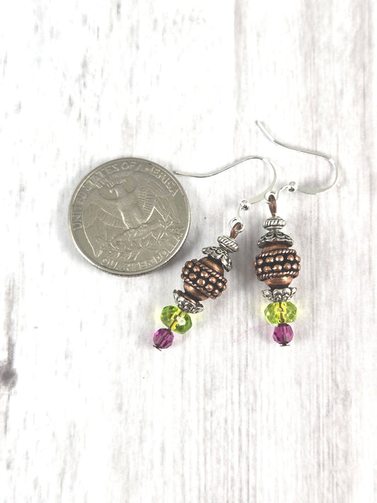 Tribal Mixed Metal Textured Copper Focal Earrings with Green and Purple Glass Earrings