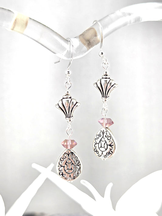 Silver Stylized Pineapple Earrings with Purple Crystal Accent