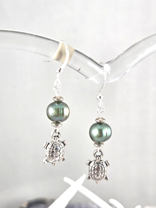 Silver Turtle and Green Freshwater Pearl Earrings