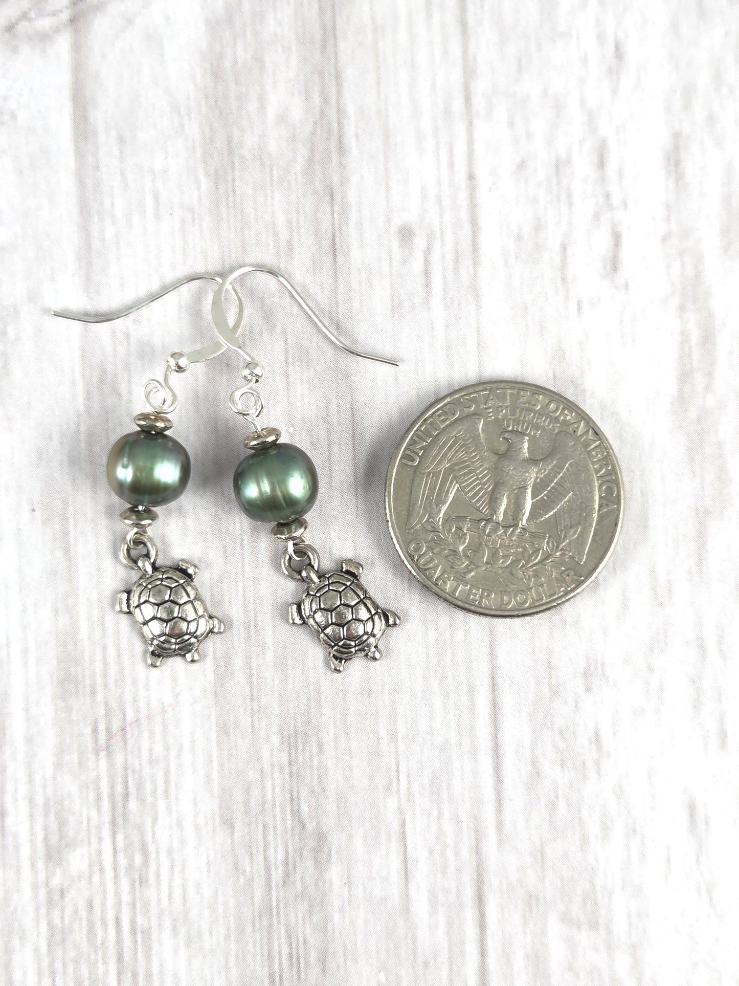 Silver Turtle and Green Freshwater Pearl Earrings