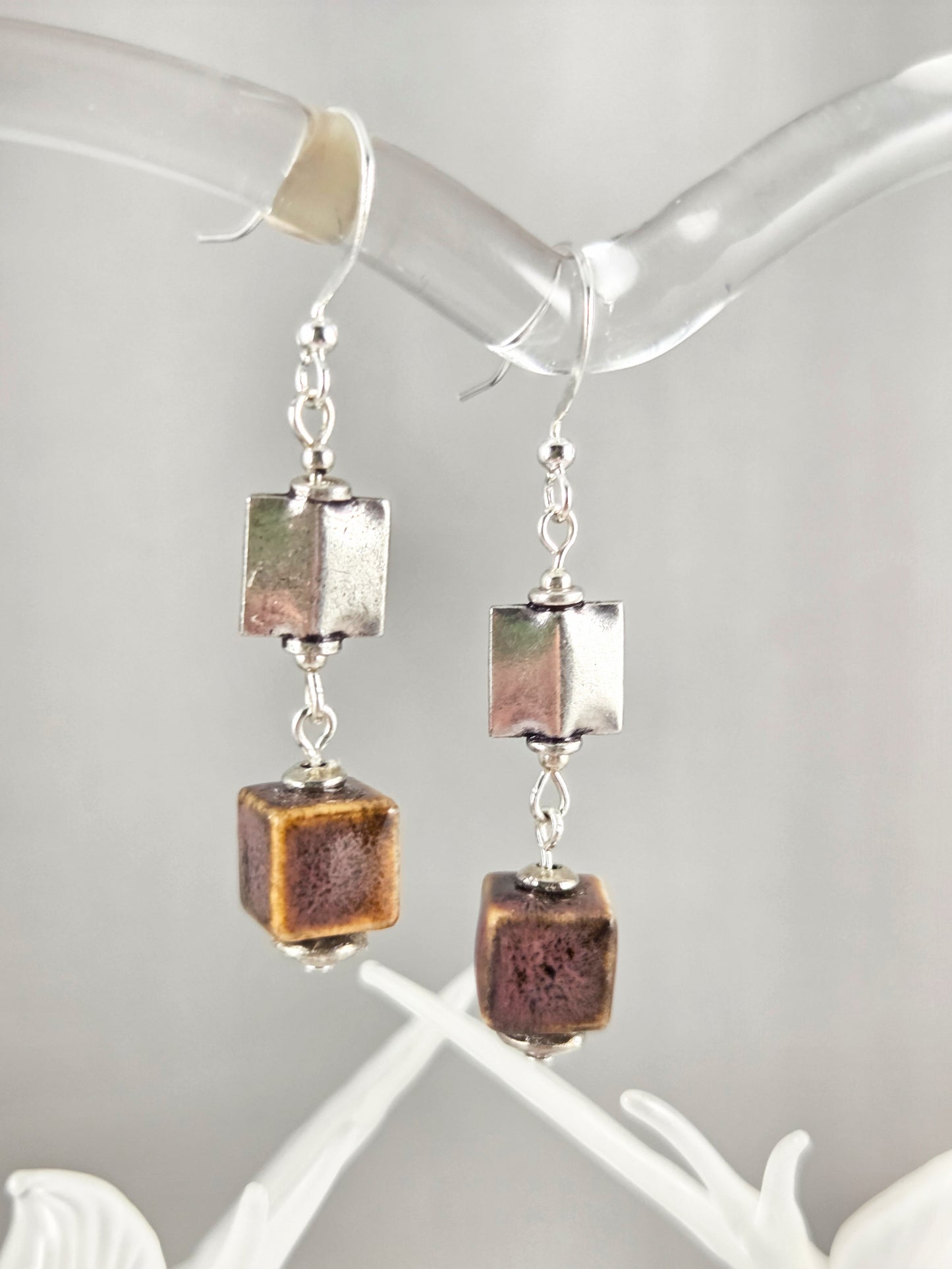Rich Brown Ceramic and Silver Squares Dangle Earrings