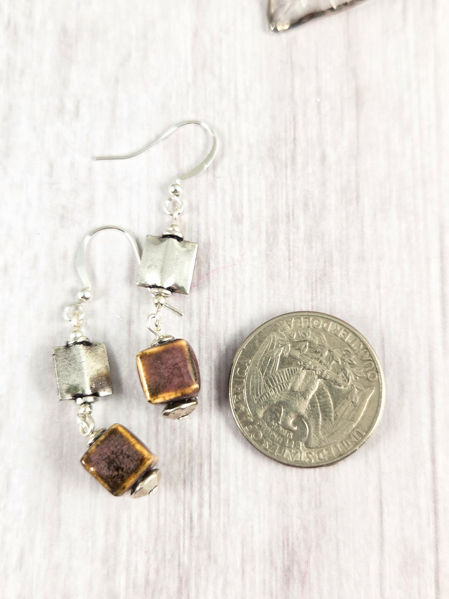 Rich Brown Ceramic and Silver Squares Dangle Earrings