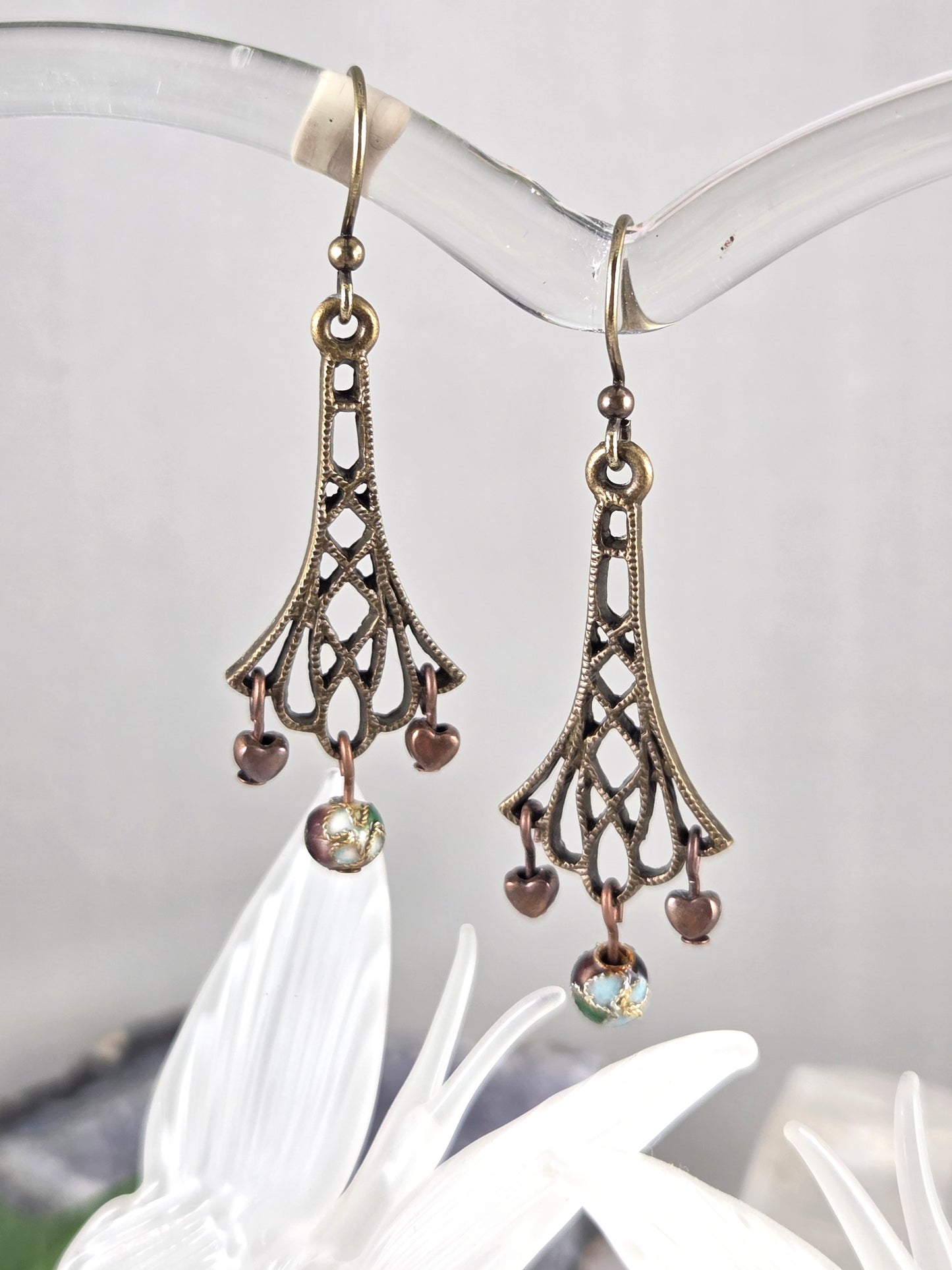 Filigree Brass Flower Flute Earrings with Cloisonne and Heart Accents