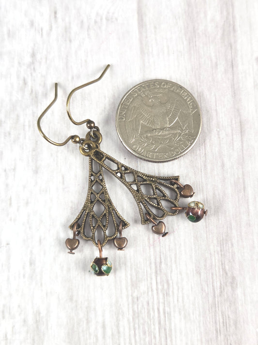 Filigree Brass Flower Flute Earrings with Cloisonne and Heart Accents