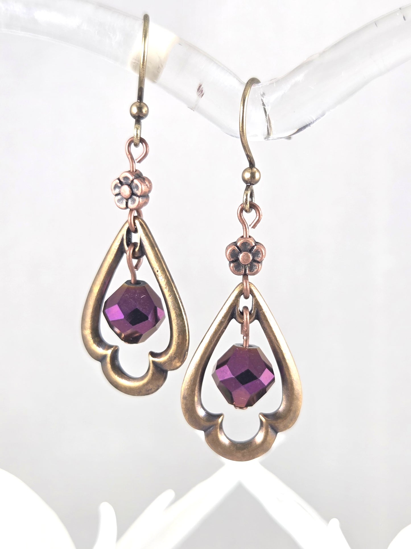 Brass Trefoil Window Earrings with Purple Cut Glass Accent