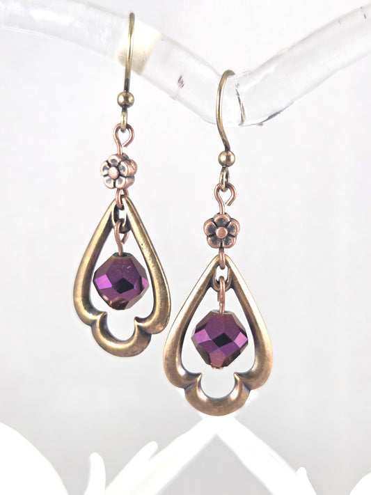 Brass Trefoil Window Earrings with Purple Cut Glass Accent