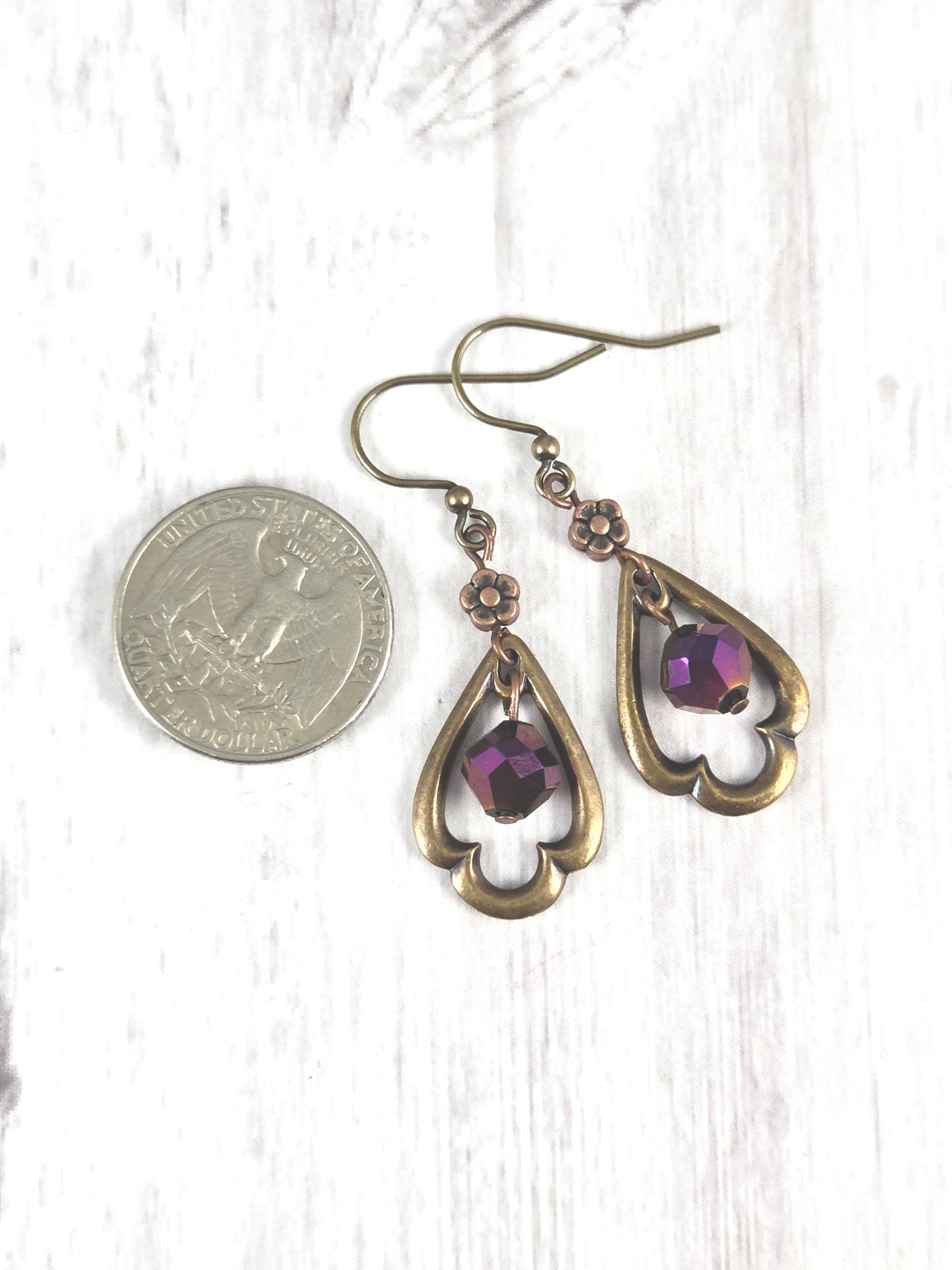 Brass Trefoil Window Earrings with Purple Cut Glass Accent