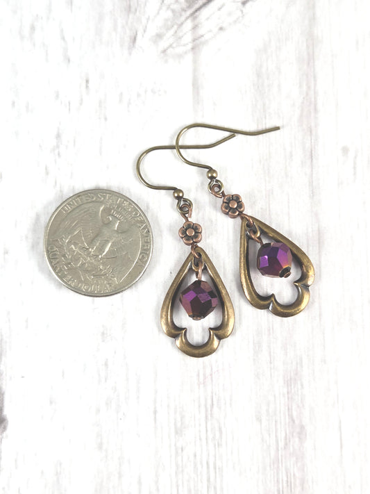 Brass Trefoil Window Earrings with Purple Cut Glass Accent